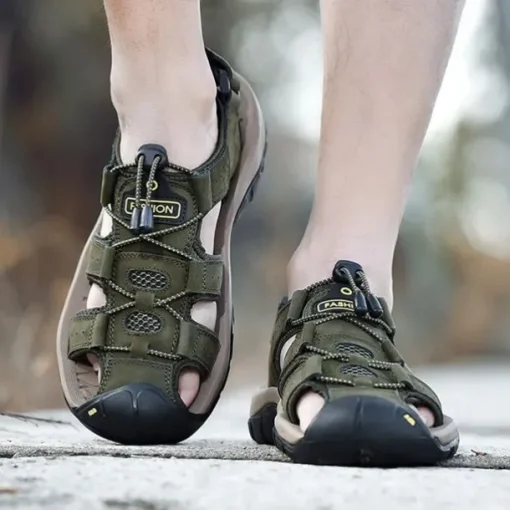 Men's Outdoor Beach Sandals, Genuine Leather with Velcro Closure, Breathable and Comfortable