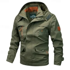 Men's Outdoor Jacket Cargo Jacket Hoodie Jacket Tactical Jacket Outdoor Daily Removable Soft Multiple Pockets Spring & Fall Plain Casual Comfortable Hooded Regular Black Khaki Army Green Jacket