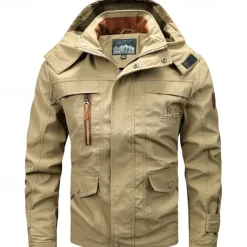 Men's Outdoor Jacket Cargo Jacket Hoodie Jacket Tactical Jacket Outdoor Daily Removable Soft Multiple Pockets Spring & Fall Plain Casual Comfortable Hooded Regular Black Khaki Army Green Jacket