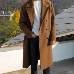 Men's Overcoat Trench Coat Long Trench Coat Vacation Daily Fall & Winter Polyester Thermal Warm Windproof Outerwear Clothing Apparel Fashion Classic Plain Pocket Lapel Double Breasted