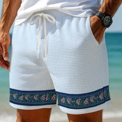Men's Paisley Floral Print Flowers Waffle Shorts Sweat Shorts Casual Shorts Mid Waist Fashion Casual Vacation Jogging Workout Elastic Drawstring Waist Shorts with Pockets Designer Clothing Apparel