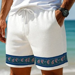 Men's Paisley Floral Print Flowers Waffle Shorts Sweat Shorts Casual Shorts Mid Waist Fashion Casual Vacation Jogging Workout Elastic Drawstring Waist Shorts with Pockets Designer Clothing Apparel