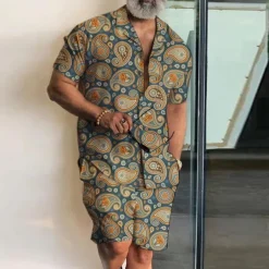 Men's Paisley Vintage Tropical Flowers 2pcs Shirts Sets Summer Hawaiian Shirt Short Sleeve Short Pants Cuban Collar Fashion Streetwear Designer Outdoor Street Casual Print Summer Spring Black Navy