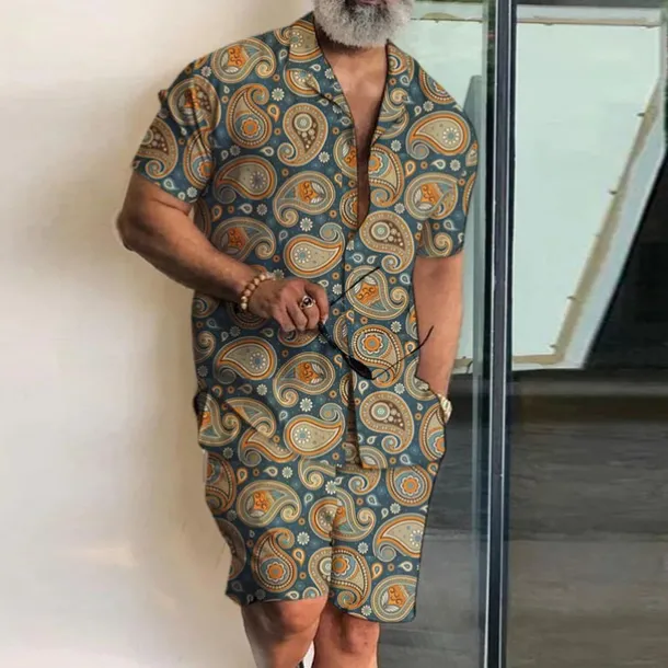 Men's Paisley Vintage Tropical Flowers 2pcs Shirts Sets Summer Hawaiian Shirt Short Sleeve Short Pants Cuban Collar Fashion Streetwear Designer Outdoor Street Casual Print Summer Spring Black Navy