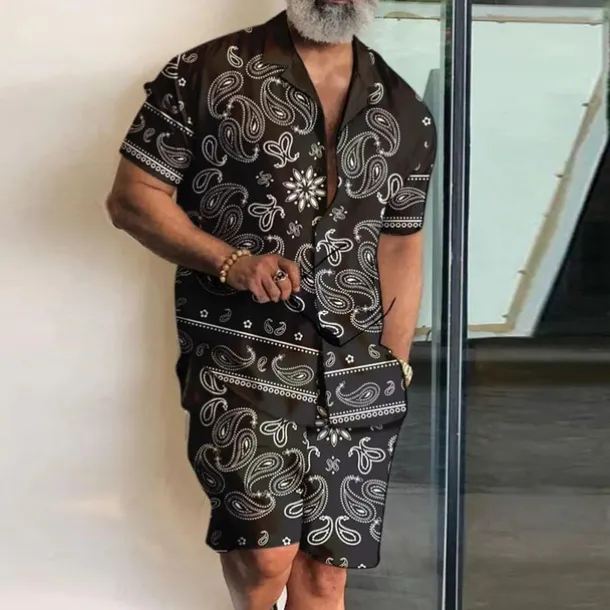 Men's Paisley Vintage Tropical Flowers 2pcs Shirts Sets Summer Hawaiian Shirt Short Sleeve Short Pants Cuban Collar Fashion Streetwear Designer Outdoor Street Casual Print Summer Spring Black Navy