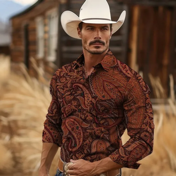 Men's Paisley Western Shirt Cowboy Shirt Long Sleeve Vintage Western Style Tribal Outdoor Vacation Horse Race Spring & Summer Turndown Print Button-Down Dark Red Black Yellow Navy Blue Royal Blue