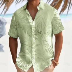 Men's Palm Leaf Casual Shirt Summer Hawaiian Shirt Aloha Shirt Short Sleeve Hawaiian Resort Vacation Casual Summer Spring Turndown Button Up White Pink Blue Green Beige