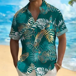 Men's Palm Leaf Casual Shirt Summer Hawaiian Shirt Aloha Shirt Short Sleeve Hawaiian Resort Vacation Casual Summer Spring Turndown Button Up Blue Green