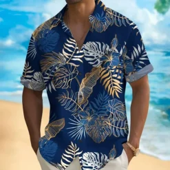 Men's Palm Leaf Casual Shirt Summer Hawaiian Shirt Aloha Shirt Short Sleeve Hawaiian Resort Vacation Casual Summer Spring Turndown Button Up Blue Green