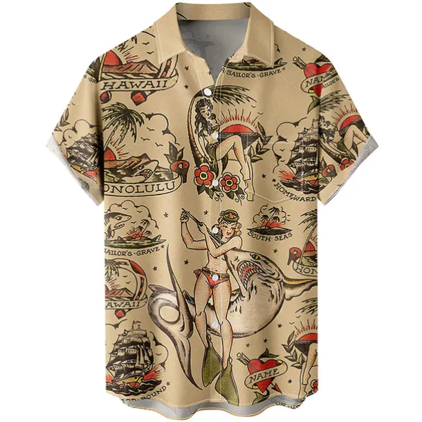 Men's Palm Leaf Pin Up Girl Shirt Summer Hawaiian Shirt Aloha Shirt Short Sleeve Shirt Turndown Vintage Fashion Designer Vacation Casual Daily Yellow Blue Brown Print S M L