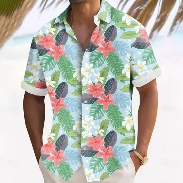 Men's Palm Leaf Tropical Plants Flowers Summer Hawaiian Shirt Button Up Shirt Aloha Shirt Short Sleeve Hawaiian Vacation Holiday Beach Wear Summer Spring Turndown 3D Print Collared Shirts Black Blue