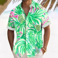 Men's Palm Leaf Tropical Plants Flowers Summer Hawaiian Shirt Button Up Shirt Aloha Shirt Short Sleeve Hawaiian Vacation Holiday Beach Wear Summer Spring Turndown 3D Print Collared Shirts Black Blue