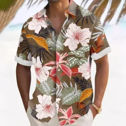 Men's Palm Leaf Tropical Plants Flowers Summer Hawaiian Shirt Button Up Shirt Aloha Shirt Short Sleeve Hawaiian Vacation Holiday Beach Wear Summer Spring Turndown 3D Print Collared Shirts Black Blue