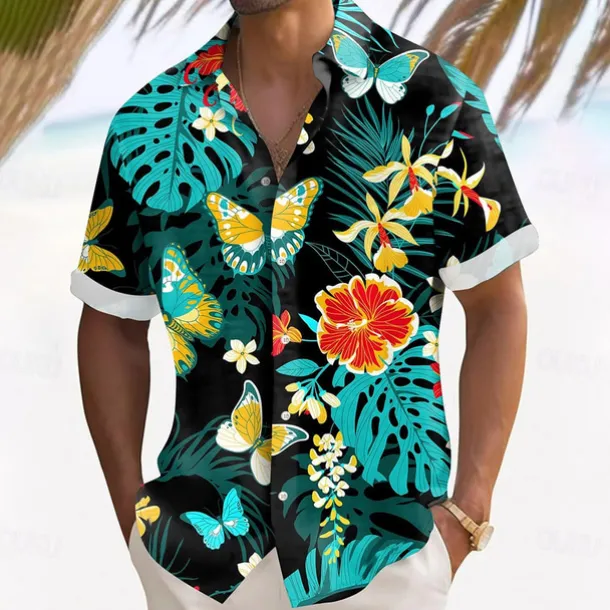 Men's Palm Leaf Tropical Plants Flowers Summer Hawaiian Shirt Button Up Shirt Aloha Shirt Short Sleeve Hawaiian Vacation Holiday Beach Wear Summer Spring Turndown 3D Print Collared Shirts Black Blue