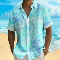 Men's Palm Leaf Tropical Plants Shirt Summer Hawaiian Shirt Button Up Shirt Short Sleeve Hawaiian Resort Vacation Holiday Beach Wear Summer Spring Turndown 3D Print Collared Shirts Blue Purple Green