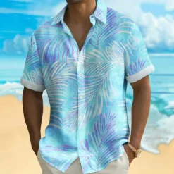 Men's Palm Leaf Tropical Plants Shirt Summer Hawaiian Shirt Button Up Shirt Short Sleeve Hawaiian Resort Vacation Holiday Beach Wear Summer Spring Turndown 3D Print Collared Shirts Blue Purple Green