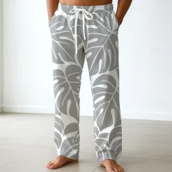 Men's Palm Leaf Tropical Plants Trousers Baggy Pants Casual Pants Mid Waist Hawaiian Vacation Holiday Beach Wear Elastic Waist Wide Leg Drawstring Summer Spring 3D Print Blue Green Gray
