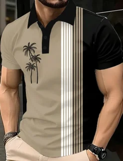 Men's Palm Tree Polo Short Sleeve Polo Shirts Lapel Casual Resort Athleisure Hawaiian 3D Print Buttons Summer Blue Purple Brown