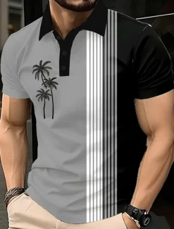Men's Palm Tree Polo Short Sleeve Polo Shirts Lapel Casual Resort Athleisure Hawaiian 3D Print Buttons Summer Blue Purple Brown