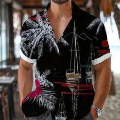 Men's Palm Tree Sailboat Tropical Plants Shirt Summer Hawaiian Shirt Aloha Shirt Short Sleeve Shirt Turndown Vacation Hawaiian Resort Style Outdoor Vacation Beach Black White S M L