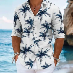 Men's Palm Tree Summer Hawaiian Shirt Aloha Shirt Long Sleeve Hawaiian Beach Vacation Summer Spring Turndown Button Up Blue Purple Green