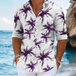 Men's Palm Tree Summer Hawaiian Shirt Aloha Shirt Long Sleeve Hawaiian Beach Vacation Summer Spring Turndown Button Up Blue Purple Green