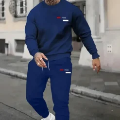 Men's Paris 2pcs 3D Sweatshirt Sets Tracksuit Pullover Sweatshirt Long Sleeve Long pants Crew Neck Sporty Casual Daily Casual 3D Print Spring Fall Winter Black Blue Red