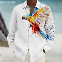 Men's Parrot Beach Shirt Summer Hawaiian Shirt Button Up Shirt Long Sleeve Shirt Collared Shirts Hawaiian Vacation Daily White S M L