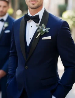 Men's Party Fall Wedding Suits Shawl Lapel Navy Blue Business Formal Solid Colored Standard Fit 3 Piece Single Breasted One-button