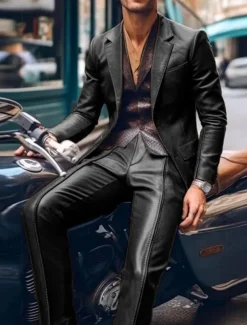 Men's Party Suits Notch Black Brown Casual Solid Colored Tailored Fit 2 Piece Single Breasted Two-buttons