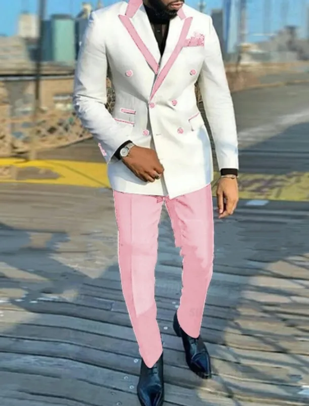 Men's Party Suits Peak Black Pink Solid Colored Tailored Fit 2 Piece Double Breasted Six-buttons