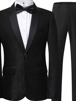 Men's Party Tuxedos Shawl Lapel Silver Black Punk Disco Solid Colored Standard Fit 2 Piece Single Breasted One-button