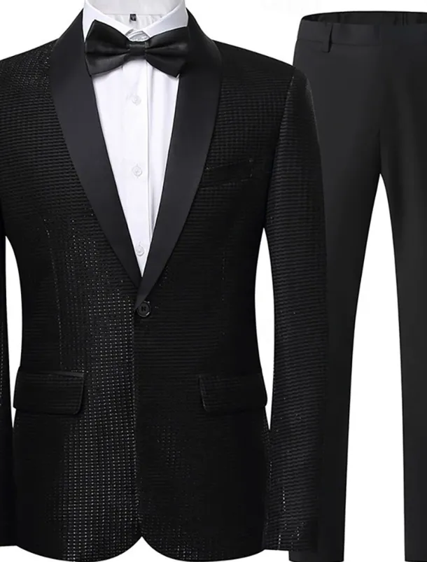 Men's Party Tuxedos Shawl Lapel Silver Black Punk Disco Solid Colored Standard Fit 2 Piece Single Breasted One-button