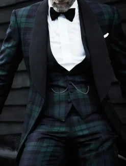 Men's Party Tuxedos Suits Business Green Plaid Slim Fit 3 Piece Single Breasted One-button