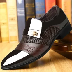 Men's Patent Faux Leather Dress Loafers – Formal Slip-On Shoes with Mesh Accents and Stylish Metal Buckle for Weddings and Business