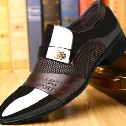 Men's Patent Faux Leather Dress Loafers – Formal Slip-On Shoes with Mesh Accents and Stylish Metal Buckle for Weddings and Business