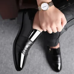 Men's Patent Faux Leather Business Dress Shoes with Zipper Detail and Glossy Finish