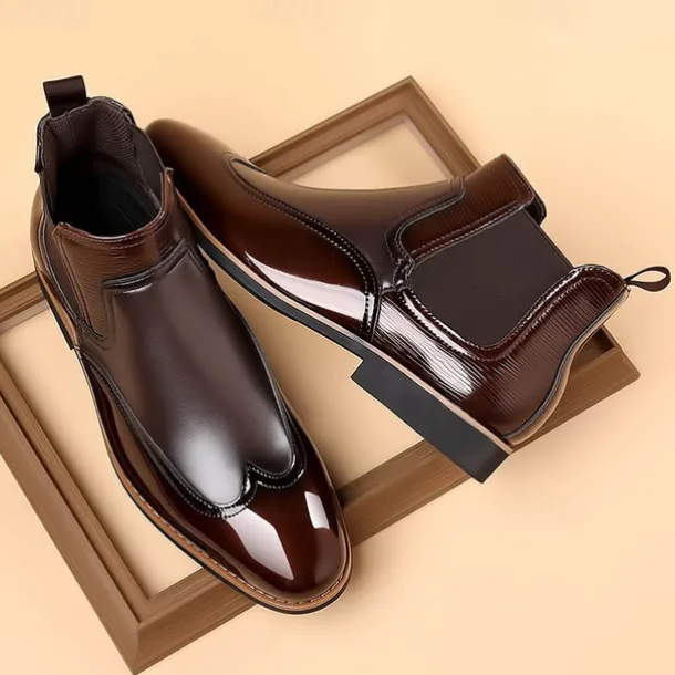 Men's Patent Faux Leather Chelsea Boots – Classic Wingtip Brogue Design for Formal and Casual Occasions