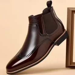 Men's Patent Faux Leather Chelsea Boots – Classic Wingtip Brogue Design for Formal and Casual Occasions