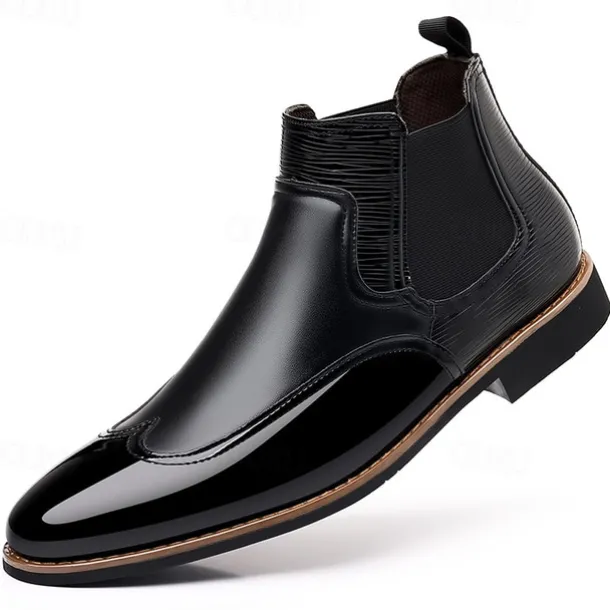 Men's Patent Faux Leather Chelsea Boots – Classic Wingtip Brogue Design for Formal and Casual Occasions