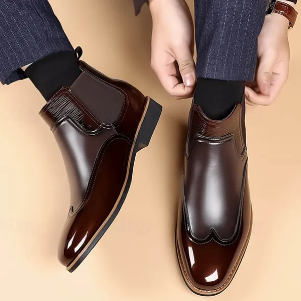 Men's Patent Faux Leather Chelsea Boots – Classic Wingtip Brogue Design for Formal and Casual Occasions