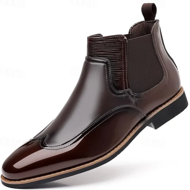 Men's Patent Faux Leather Chelsea Boots – Classic Wingtip Brogue Design for Formal and Casual Occasions