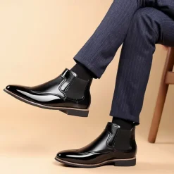 Men's Patent Faux Leather Chelsea Boots – Classic Wingtip Brogue Design for Formal and Casual Occasions