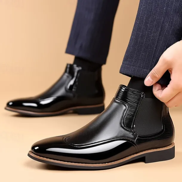Men's Patent Faux Leather Chelsea Boots – Classic Wingtip Brogue Design for Formal and Casual Occasions