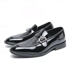 Men's Patent Leather Burgundy Loafers with Crocodile Texture and Buckle Detail – Elegant Slip-On Shoes for Formal Occasions and Business Wear