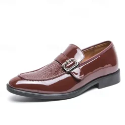 Men's Patent Leather Burgundy Loafers with Crocodile Texture and Buckle Detail – Elegant Slip-On Shoes for Formal Occasions and Business Wear