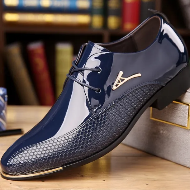 Men's Patent Leather Oxford Shoes - Sleek Lace-Up Formal Dress Shoes with Textured Design for Business and Special Occasions