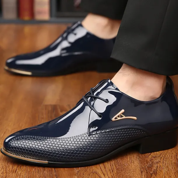 Men's Patent Leather Oxford Shoes - Sleek Lace-Up Formal Dress Shoes with Textured Design for Business and Special Occasions