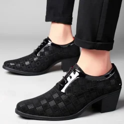 Men's Patterned Lace-Up Block Heel Dress Shoes – Blue and Black Geometric Design for Christmas Party, Formal, and Dance Events