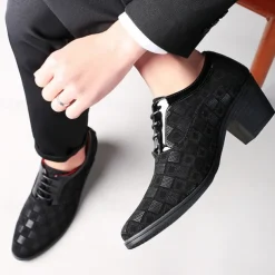 Men's Patterned Lace-Up Block Heel Dress Shoes – Blue and Black Geometric Design for Christmas Party, Formal, and Dance Events